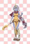  1girl armlet bandages blue_skin breasts capelet checkered checkered_background choker crescent hooves horn league_of_legends long_hair pale_skin pointy_ears pouch qknight smile solo soraka staff very_long_hair yellow_eyes 