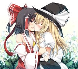  2girls arm_grab black_hair blonde_hair blush bow braid detached_sleeves flower hair_bow hair_tubes hakurei_reimu hat incipient_kiss long_hair masa_(miyabitei) multiple_girls single_braid smile touhou witch_hat yuri 