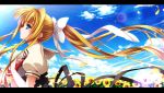  1girl air blonde_hair blue_eyes blue_sky bow bust clouds cross flower hair_bow highres kamio_misuzu letterboxed long_hair moneti_(daifuku) ponytail profile puffy_sleeves school_uniform serafuku short_sleeves sky smile solo very_long_hair 