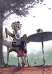  1girl absurdres animal_ears book book_stack chair detached_sleeves geta hat highres inubashiri_momiji long_sleeves midriff reading red_eyes seu_(hutotomomo) shirt short_sleeves silver_hair sitting skirt solo table tail tokin_hat touhou tree wide_sleeves wolf_ears wolf_tail 