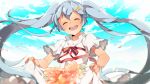  1girl blue_hair closed_eyes clouds dress floating_hair flower hair_ornament hairclip hatsune_miku long_hair open_mouth skirt_hold sky solo twintails umiko_(munemiu) very_long_hair vocaloid 