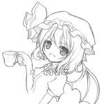  1girl bat_wings bust cup fang hat open_mouth remilia_scarlet short_hair smile solo teacup touhou wings yuuhagi_(amaretto-no-natsu) 