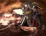  2girls adepta_sororitas black_hair blood bolter crossover flamer fleur_de_lis fujiwara_no_mokou hair_ribbon heavy_bolter houraisan_kaguya long_hair multiple_girls open_mouth power_armor ribbon sisters_of_battle skull touhou traghetto warhammer_40k white_hair 