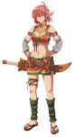  1girl absurdres ankle_wraps bandana belt character_request choker detached_sleeves earrings falcom hair_ornament hands_on_hip highres jewelry midriff miniskirt navel necklace no_socks redhead sandals scimitar short_hair skirt source_request sword weapon yellow_eyes 