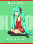  1girl ahoge artist_name boots character_name detached_sleeves green_eyes green_hair hatsune_miku headset kowiru letterboxed long_hair sitting skirt solo thigh-highs thigh_boots twintails very_long_hair vocaloid wariza 