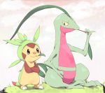  &gt;:3 :3 chespin colona creature crossed_arms grovyle leaf lizard no_humans pokemon pokemon_(creature) pokemon_(game) pokemon_xy sitting standing stick 