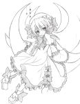  1girl :&lt; boots bow dress drill_hair hat luna_child monochrome short_hair sleeves_past_wrists solo star touhou twin_drills wings yuuhagi_(amaretto-no-natsu) 