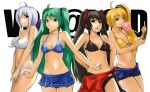  4girls ahoge akita_neru bikini black_hair blonde_hair blue_eyes cellphone green_hair hands_on_hips hatsune_miku long_hair multiple_girls navel phone red_eyes short_shorts shorts side-tie_bikini side_ponytail silver_hair simple_background swimsuit twintails vocaloid white_background yellow_eyes yowane_haku yuki_tarou zatsune_miku 