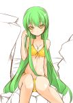  1girl beigu bikini blush_stickers breasts c.c. cleavage code_geass green_hair long_hair looking_at_viewer partially_colored sitting solo swimsuit very_long_hair yellow_eyes 