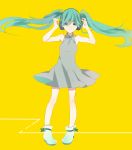  1girl armpits arms_up dress floating_hair green_eyes green_hair hatsune_miku headphones long_hair pigeon-toed solo twintails very_long_hair vocaloid 