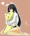  &gt;_&lt; 1girl black_hair bottomless brown_eyes hug long_hair naked_shirt no_panties original sayamai_miyabi shirt sitting smile solo stuffed_animal stuffed_tiger stuffed_toy wariza 