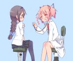  2girls akemi_homura black_hair black_legwear blush bow braid chair doctor drooling embarrassed grey_eyes hair_ribbon hairband kaname_madoka labcoat long_hair mahou_shoujo_madoka_magica maiku midriff multiple_girls open_clothes open_mouth open_shirt pantyhose pink_eyes pink_hair ribbon role_reversal short_sleeves sitting skirt stool twin_braids twintails very_long_hair 空调628 