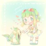  1girl ? blush crossover goggles green_eyes green_hair gumi headset heart highres leafeon nou open_mouth pokemon pokemon_(creature) short_hair thigh_strap vocaloid 