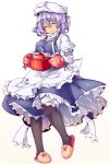  1girl bad_id black_legwear blush closed_eyes hat kokka_han letty_whiterock oven_mitts pantyhose pot purple_hair simple_background slippers smile solo steam touhou white_background 