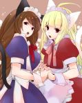  2girls ahoge animal_ears apron bangs blonde_hair blunt_bangs brown_hair cat_ears cat_tail fang hands hidaka_ryou highres holding_hands in_those_days interlocked_fingers long_hair looking_at_viewer maid maid_headdress multiple_girls open_mouth red_eyes tail waist_apron wrist_cuffs 