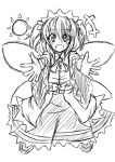  1girl headdress ichimi monochrome open_mouth outstretched_arms short_hair sketch skirt smile solo sun sunny_milk touhou two_side_up wings 