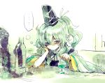  1girl alcohol bottle bust cercis cup drunk grey_eyes hat japanese_clothes kariginu long_hair mononobe_no_futo ponytail sitting solo tate_eboshi touhou wide_sleeves wine_glass 