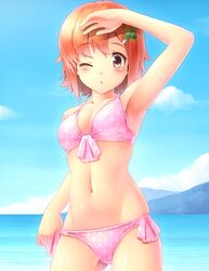  1girl bikini brown_eyes highres komitsu kurami_haruka orange_hair power_pro_kun_pocket power_pro_kun_pocket_7 short_hair swimsuit wink 