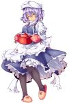  1girl black_legwear blush closed_eyes hat kokka_han letty_whiterock oven_mitts pantyhose pot purple_hair revision simple_background slippers smile solo steam touhou white_background 