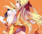  1girl aino_minako ass back bishoujo_senshi_sailor_moon blonde_hair blue_eyes bow chain choker earrings elbow_gloves from_behind gloves hair_bow half_updo hidaka_ryou high_heels highres jewelry long_hair magical_girl open_mouth orange_background panties sailor_venus school_uniform serafuku shoes skirt solo super_sailor_venus tiara underwear 