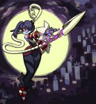  1girl alex_ahad blue_hair blue_skin detached_sleeves hair_over_one_eye leviathan_(skullgirls) long_hair official_art red_eyes side_ponytail skull skullgirls solo squigly_(skullgirls) stitched_mouth striped_sleeves zombie 