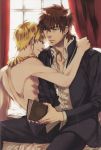  2boys artist_request blonde_hair book brown_eyes brown_hair cross cross_necklace earrings fate/zero fate_(series) gilgamesh jewelry kotomine_kirei multiple_boys necklace red_eyes shirtless yaoi 