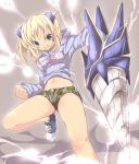  1girl blonde_hair blue_eyes camouflage drill drill_hair hoodie legs long_hair midriff navel original shoes short_shorts shorts shugami sneakers solo twintails weapon 