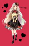  1girl a-shima227 bow doll dress elbow_gloves gloves heart holding kneehighs long_hair looking_at_viewer mayu_(vocaloid) piano_print red_background smile stuffed_animal stuffed_toy vocaloid yellow_eyes 