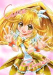  1girl bike_shorts blonde_hair boots character_name choker cure_peace double_v dress heart kise_yayoi long_hair magical_girl open_mouth ponytail precure shorts_under_skirt skirt smile smile_precure! tiara traditional_media tsubakiyama_parry v wrist_cuffs yellow_dress yellow_eyes 
