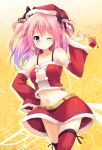  1girl ;( detached_sleeves gift hat mocha_(naturefour) pink_hair red_legwear santa_costume santa_hat skirt tagme thigh-highs violet_eyes 