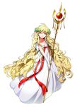  1girl blonde_hair blue_eyes dalc_rose dress food fruit grapes head_wreath long_hair looking_at_viewer magi_the_labyrinth_of_magic ribbon scheherazade_(magi) solo staff very_long_hair white_background white_dress 