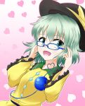  1girl blue-framed_glasses blush green_eyes green_hair hat hat_ribbon heart hikyakuashibi komeiji_koishi open_mouth ribbon short_hair smile solo third_eye touhou 