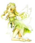  1girl atelier_(series) atelier_ayesha ayesha_altugle bare_shoulders barefoot blonde_hair blush brown_eyes dress fairy_wings green_dress hair_ornament kneeling long_hair looking_at_viewer looking_back off_shoulder open_mouth simple_background smile solo white_background wings 