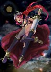  1girl :d absurdres armor cape eyeshadow full_body garterstrap graphite_(medium) highres horns long_hair makeup open_mouth original pig0519 purple_legwear red_eyes redhead smile sword thigh-highs traditional_media twintails weapon 