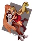  2girls :d boots closed_eyes elhaym_van_houten emeralda_kasim gloves green_hair high_heels hug long_hair midriff mother_and_daughter multiple_girls open_mouth orange_hair pantyhose scarf shino_haruto shoes short_hair smile torn_clothes very_long_hair xenogears 