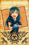  1girl blue_hair gloves idolmaster kisaragi_chihaya kyouno musical_note poster red_eyes sheet_music singing solo 