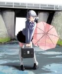  1girl bag bent_over breast_squeeze breasts bridge grass hair_ornament hairclip half-closed_eyes long_sleeves masao open_mouth original pigeon-toed puddle school_bag school_uniform shirt silver_hair skirt solo sweater thigh-highs transparent_umbrella umbrella v_arms white_legwear zettai_ryouiki 