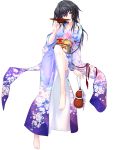  1girl barefoot black_hair bottle floral_print gourd highres japanese_clothes kawagishi_keitarou kimono long_hair maji_de_watashi_ni_koi_shinasai! musashibou_benkei obi sakazuki sake solo transparent_background violet_eyes 