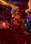  1girl absurdres ascot blonde_hair bunchou_(bunchou3103) different_reflection flandre_scarlet hat hat_ribbon highres laevatein open_mouth red_eyes reflection ribbon short_hair side_ponytail skirt skirt_set smile solo tears touhou wings 