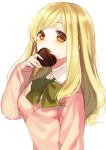  1girl blonde_hair bowtie character_request chocolate chocolate_heart covering_mouth heart long_hair midorikawa_you orange_eyes pullover school_uniform solo white_background 