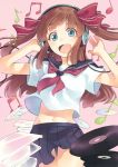  1girl :d brown_hair cd cd_case green_eyes hair_ribbon hands_on_headphones headphones long_hair midriff musical_note navel open_mouth original pleated_skirt record ribbon school_uniform serafuku skirt smile solo t-okada twintails two_side_up 