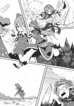  bird bow braid cirno comic dress egg hair_bow hat highres hong_meiling ice ice_wings monochrome morino_hon nest piggyback ribbon rubbing_eyes running scarf snow star touhou translation_request twin_braids wings 