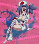  1girl bandages blue_hair breasts choker cleavage crossed_legs eric_muentes eyepatch full_body gloves hair_over_one_eye hat large_breasts mask mask_removed minidress nurse nurse_cap ponytail red_cross red_eyes sitting skullgirls solo surgical_mask valentine_(skullgirls) white_gloves 