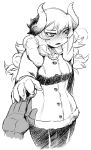  1girl blush breasts coat demon_girl embarrassed full-face_blush gloves holding_hands horns long_hair monochrome nise_maou_kanizeru original outstretched_hand pantyhose sharp_teeth solo tsukudani_(coke-buta) winter_clothes yuusha_to_maou 