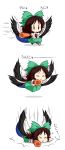  &gt;_&lt; 1girl :&lt; arm_cannon black_wings bow brown_eyes brown_hair cape chibi flying hair_bow highres lying mazume mismatched_footwear red_eyes reiuji_utsuho tears third_eye touhou unyu weapon wings 