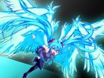  1girl blue_eyes blue_hair boots detached_sleeves floating_hair hatsune_miku kurokemono long_hair necktie open_mouth outstretched_arms skirt solo spread_arms thigh-highs thigh_boots twintails very_long_hair vocaloid wings 