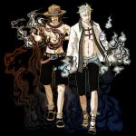  2boys black_hair blonde_hair blue_fire facial_hair fire freckles hat jewelry male marco multiple_boys necklace one_piece pon_(puppupon) portgas_d_ace short_hair tattoo 
