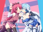  blue_eyes blue_hair blush bow breasts cheek-to-cheek cleavage detached_sleeves fang gloves hair_bow highres long_hair mahou_shoujo_madoka_magica miki_sayaka mouth_hold niyadepa pocky ponytail red_eyes redhead sakura_kyouko short_hair skirt thigh-highs v zettai_ryouiki 