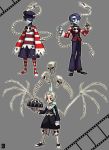  2boys alternate_costume bloody_marie_(skullgirls) blue_hair blue_skin butler collage emlan genderswap hair_over_one_eye hat highres leviathan_(skullgirls) multiple_boys pants red_eyes short_hair shorts skeleton skull skullgirls squigly_(skullgirls) stitched_mouth striped striped_legwear striped_sleeves tray wings zombie 