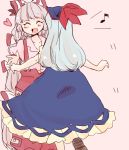  2girls ^_^ blue_dress blush_stickers closed_eyes dress fjihat fujiwara_no_mokou hair_ribbon heart kamishirasawa_keine komaku_juushoku long_hair multiple_girls musical_note open_mouth ribbon silver_hair smile suspenders touhou very_long_hair 